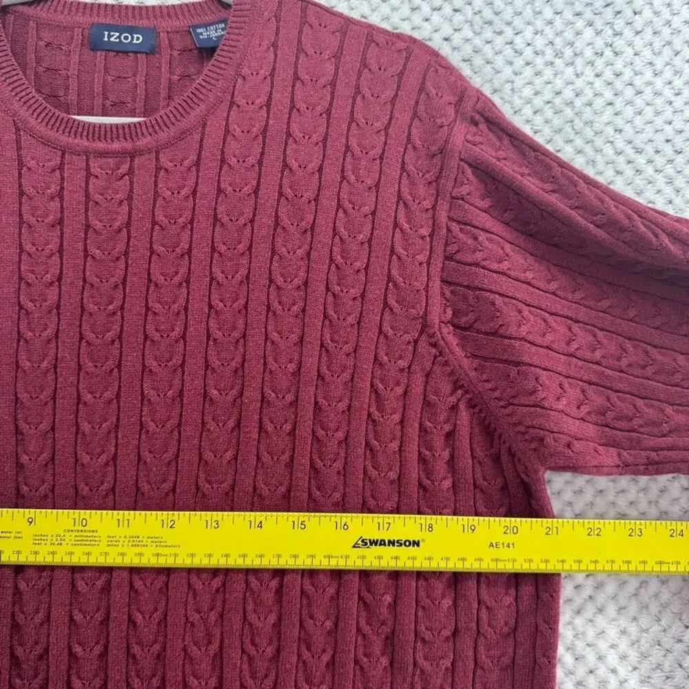 IZOD Sweater Mens L Burgundy Red Cotton Cable Knit Crew Neck Preppy Casual
